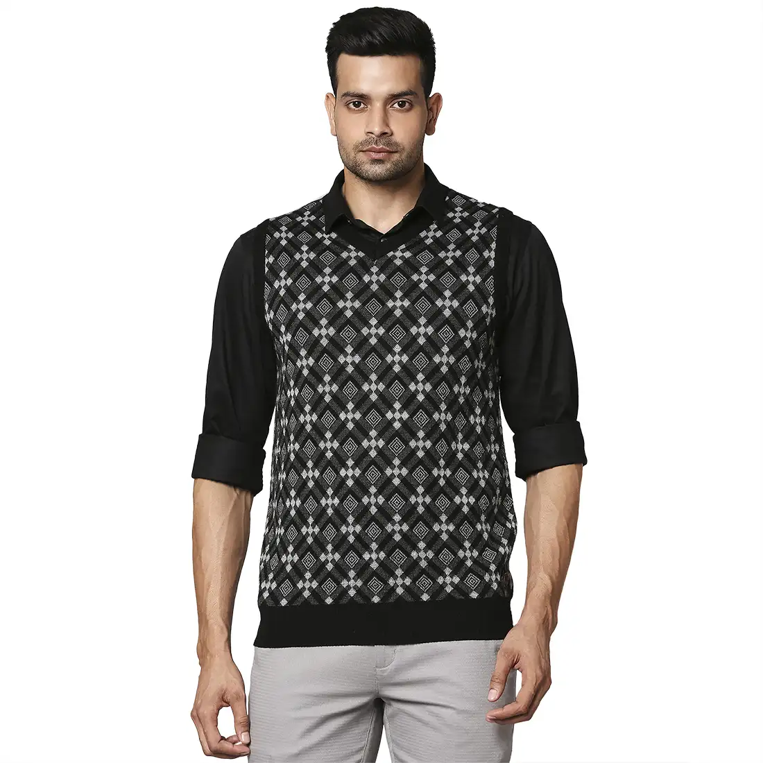 Men Black Argyle Wool Blend V Neck Collar Sweaters