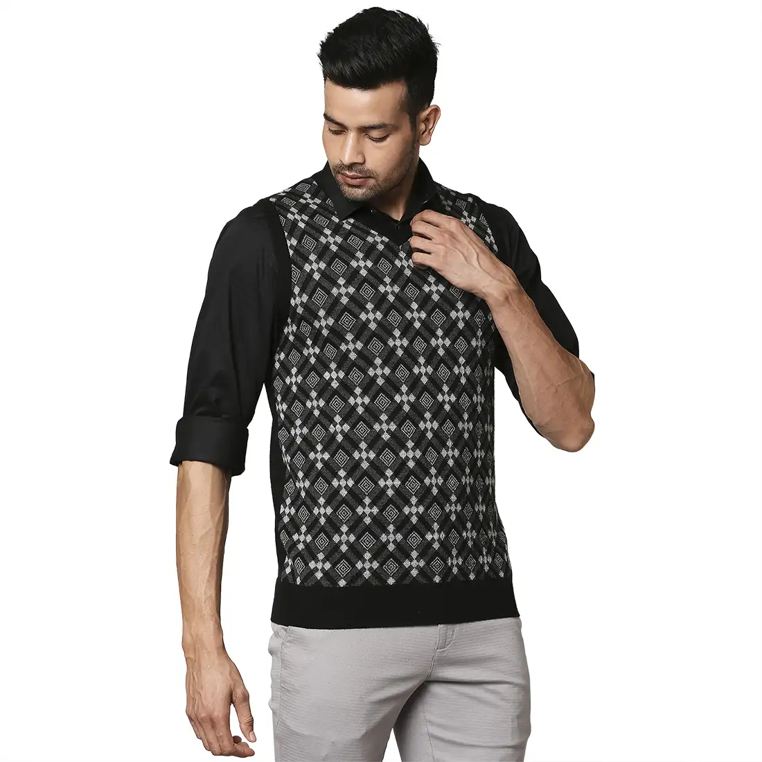 Men Black Argyle Wool Blend V Neck Collar Sweaters - Image 2