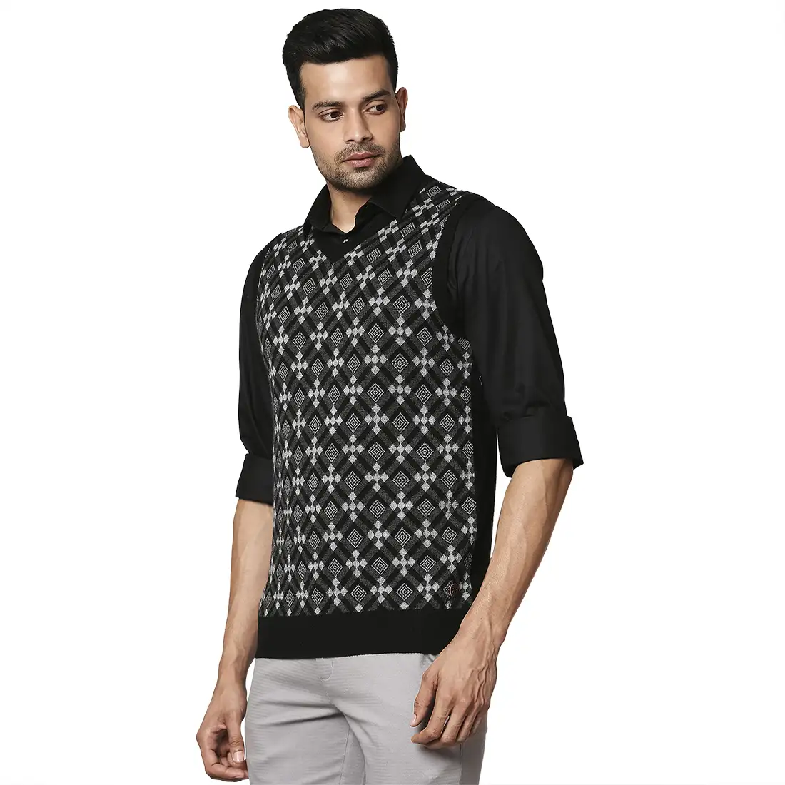 Men Black Argyle Wool Blend V Neck Collar Sweaters - Image 3