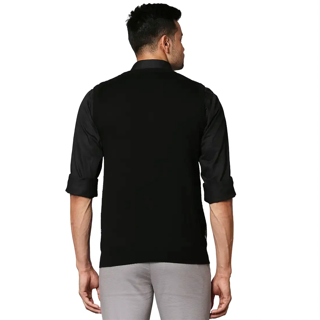 Men Black Argyle Wool Blend V Neck Collar Sweaters - Image 4