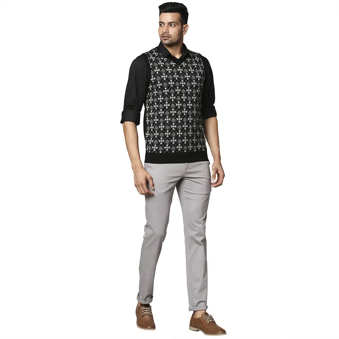 Men Black Argyle Wool Blend V Neck Collar Sweaters - Image 5