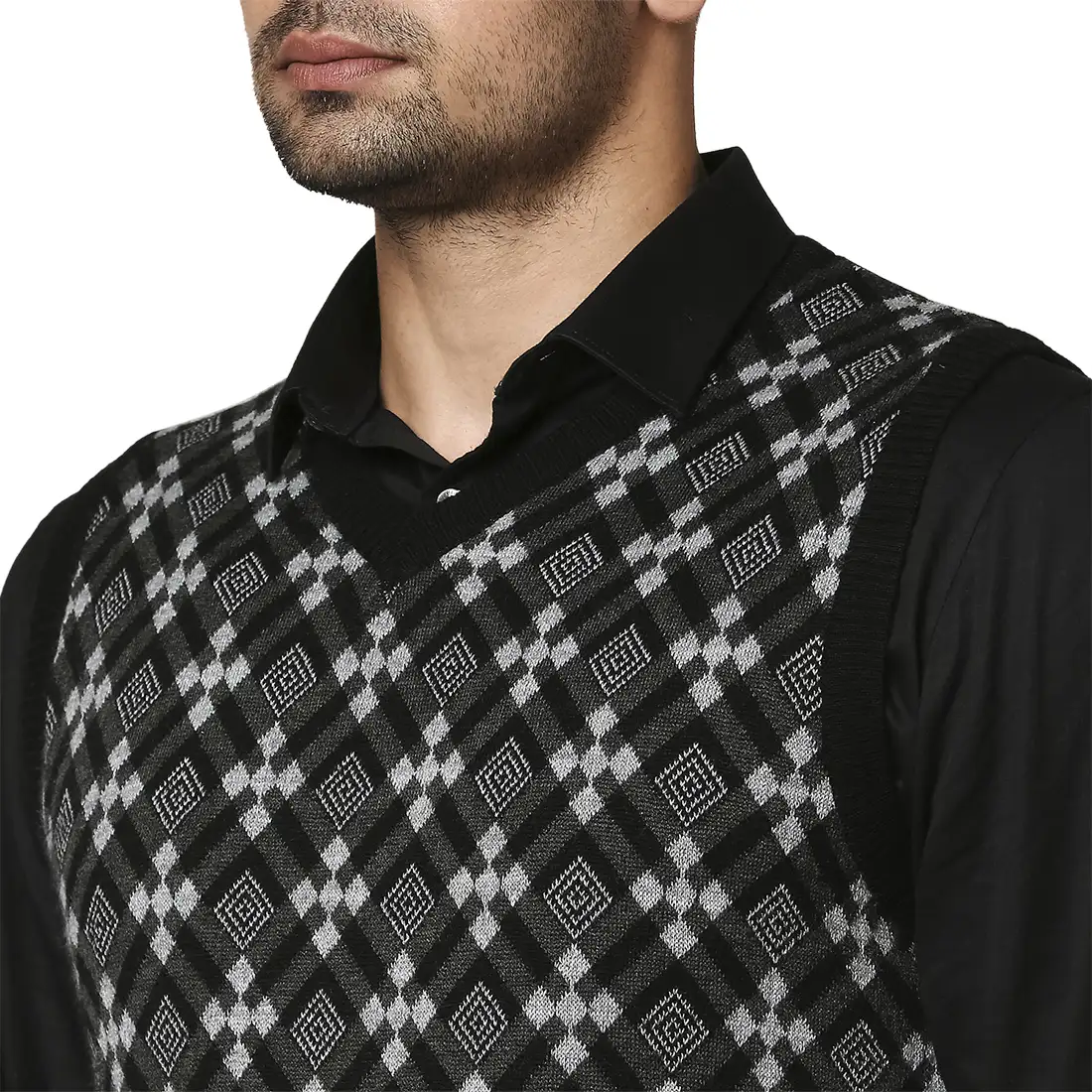 Men Black Argyle Wool Blend V Neck Collar Sweaters - Image 6