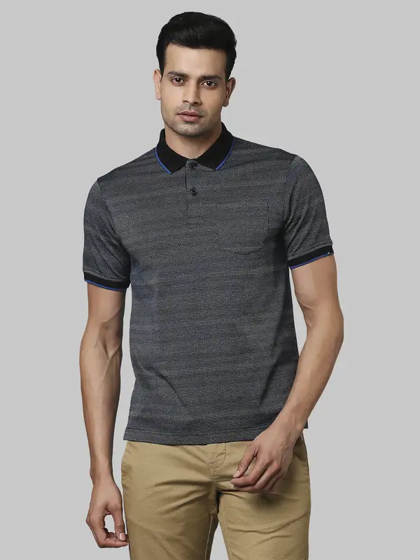 Men Black Contemporary Fit Jacquard Cotton Polo T-Shirt