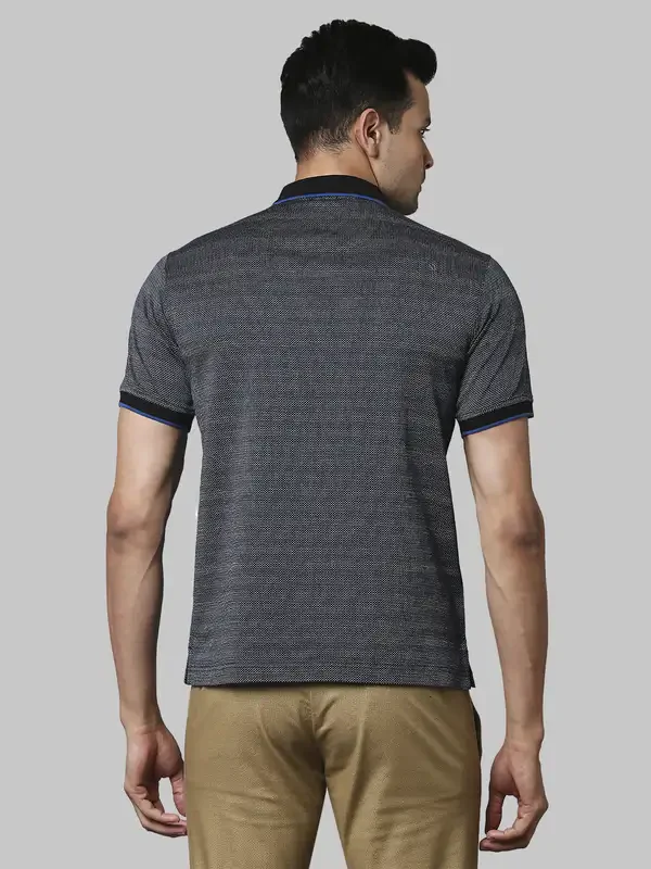 Men Black Contemporary Fit Jacquard Cotton Polo T-Shirt - Image 4