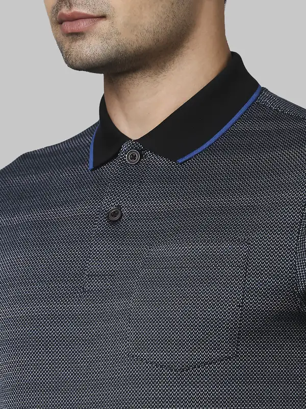 Men Black Contemporary Fit Jacquard Cotton Polo T-Shirt - Image 6