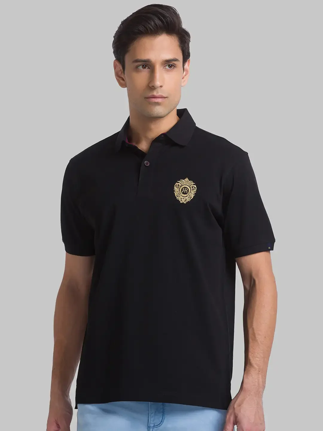 Men Black Contemporary Fit Solid Cotton Round Neck Collar Polo T-Shirt