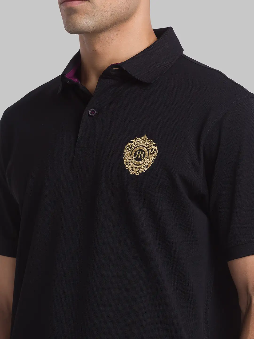Men Black Contemporary Fit Solid Cotton Round Neck Collar Polo T-Shirt - Image 6
