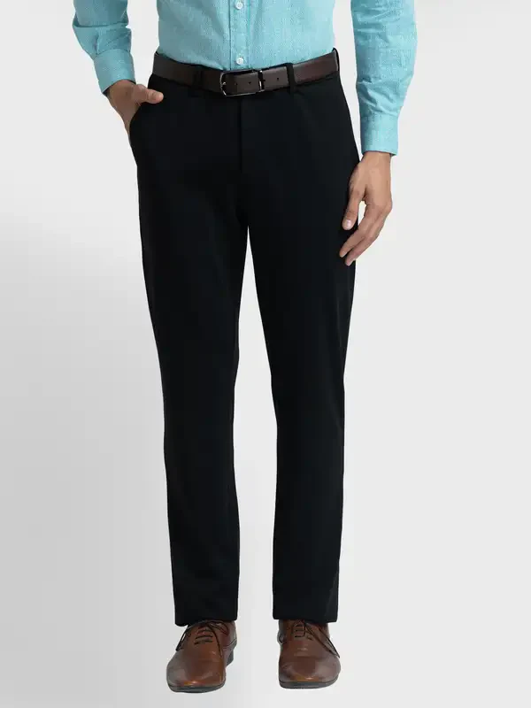 Men Black Contemporary Fit Solid Piece Dyed Polyester Blend Trouser
