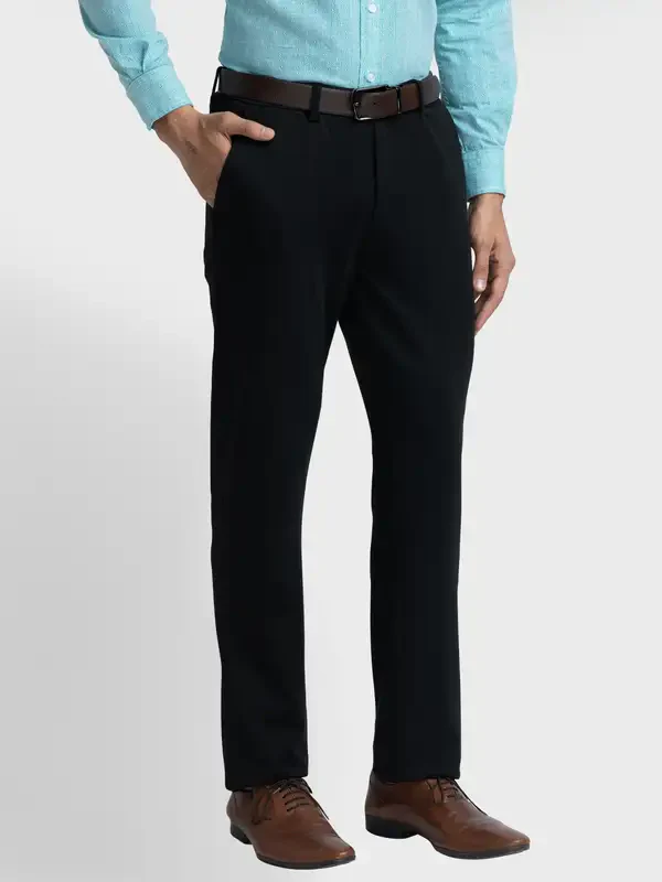 Men Black Contemporary Fit Solid Piece Dyed Polyester Blend Trouser - Image 2