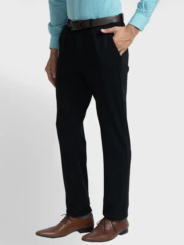 Men Black Contemporary Fit Solid Piece Dyed Polyester Blend Trouser - Image 3