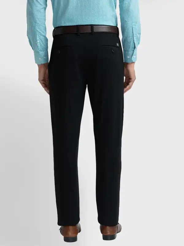 Men Black Contemporary Fit Solid Piece Dyed Polyester Blend Trouser - Image 4