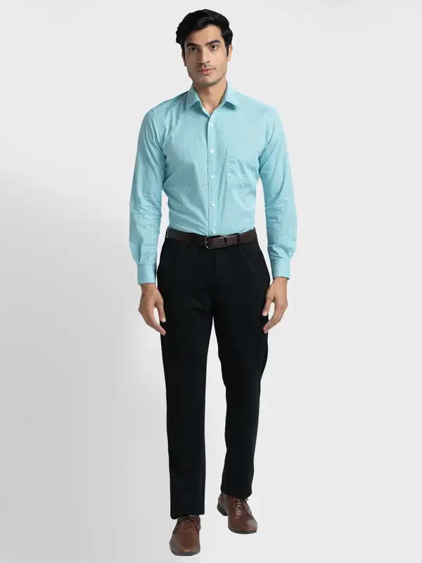 Men Black Contemporary Fit Solid Piece Dyed Polyester Blend Trouser - Image 5