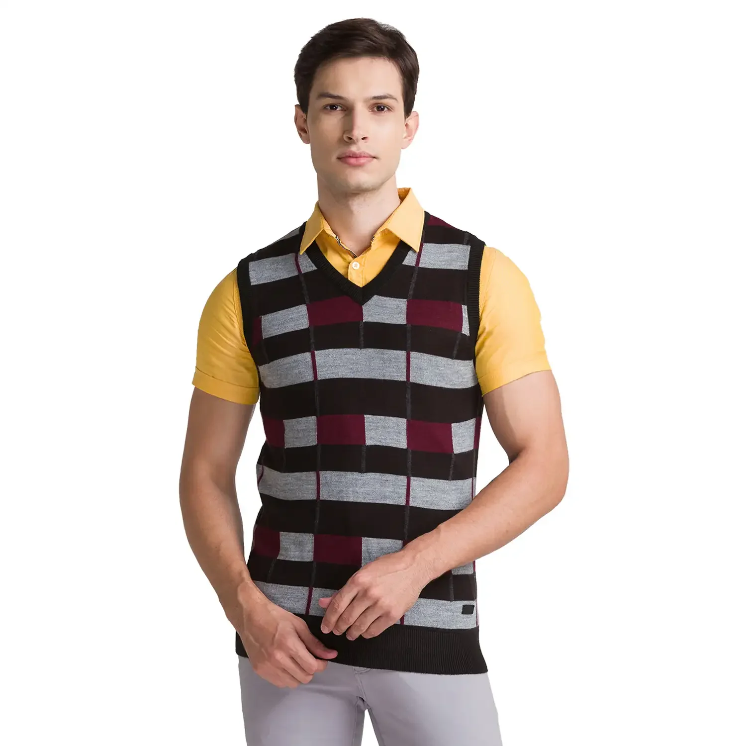 Men Black Intarsia Acrylic Blend Sleeveless Sweaters