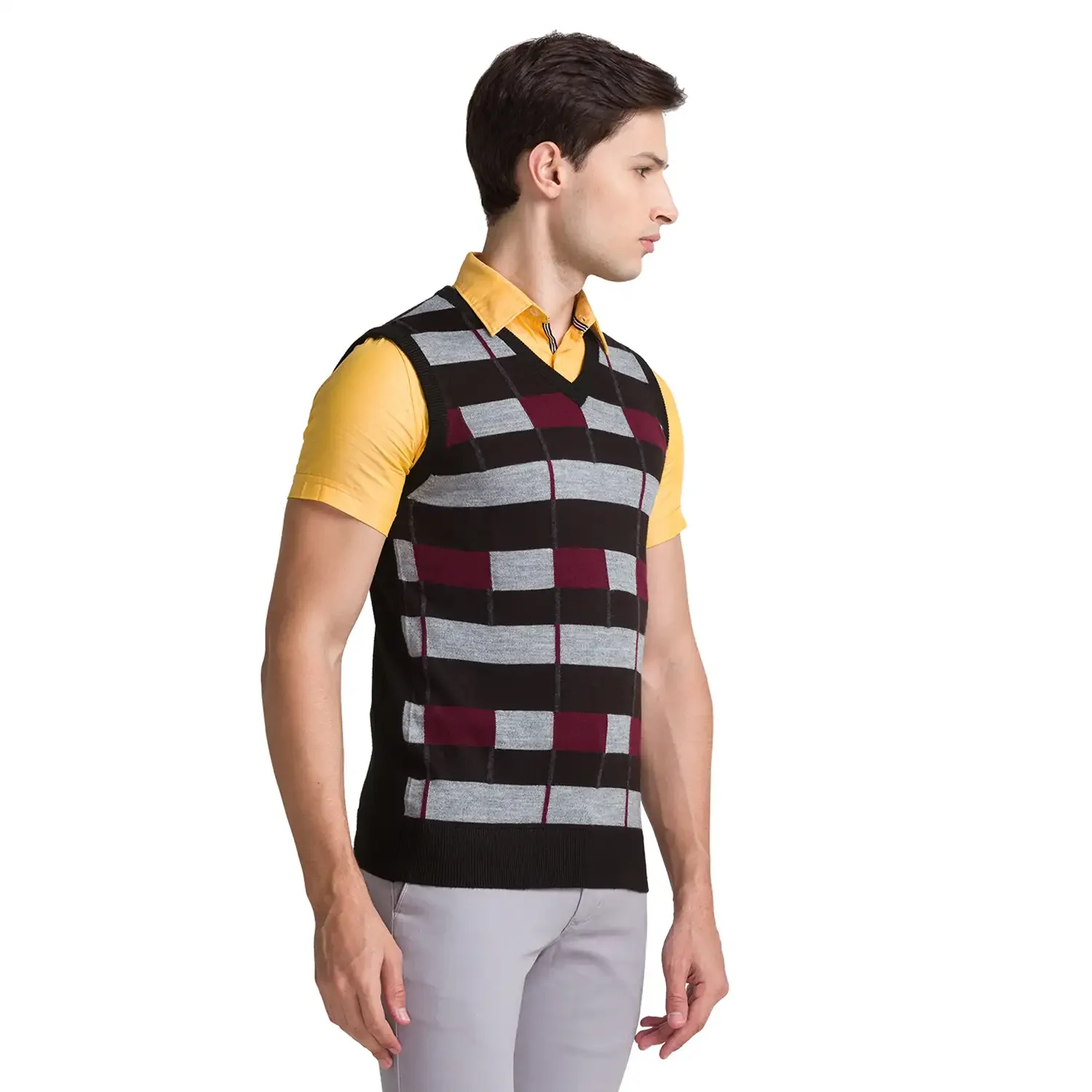 Men Black Intarsia Acrylic Blend Sleeveless Sweaters - Image 2