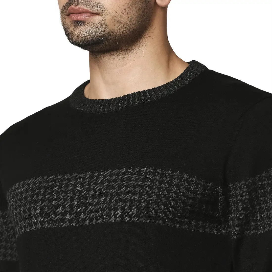 Men Black Intarsia Wool Blend Round Collar Sweaters - Image 6