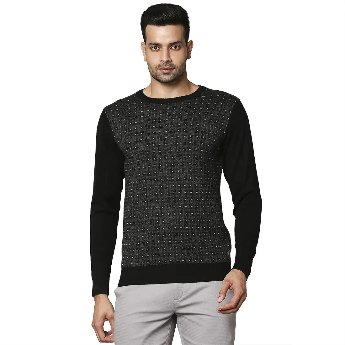 Men Black Jacquard Wool Blend Round Collar Sweaters