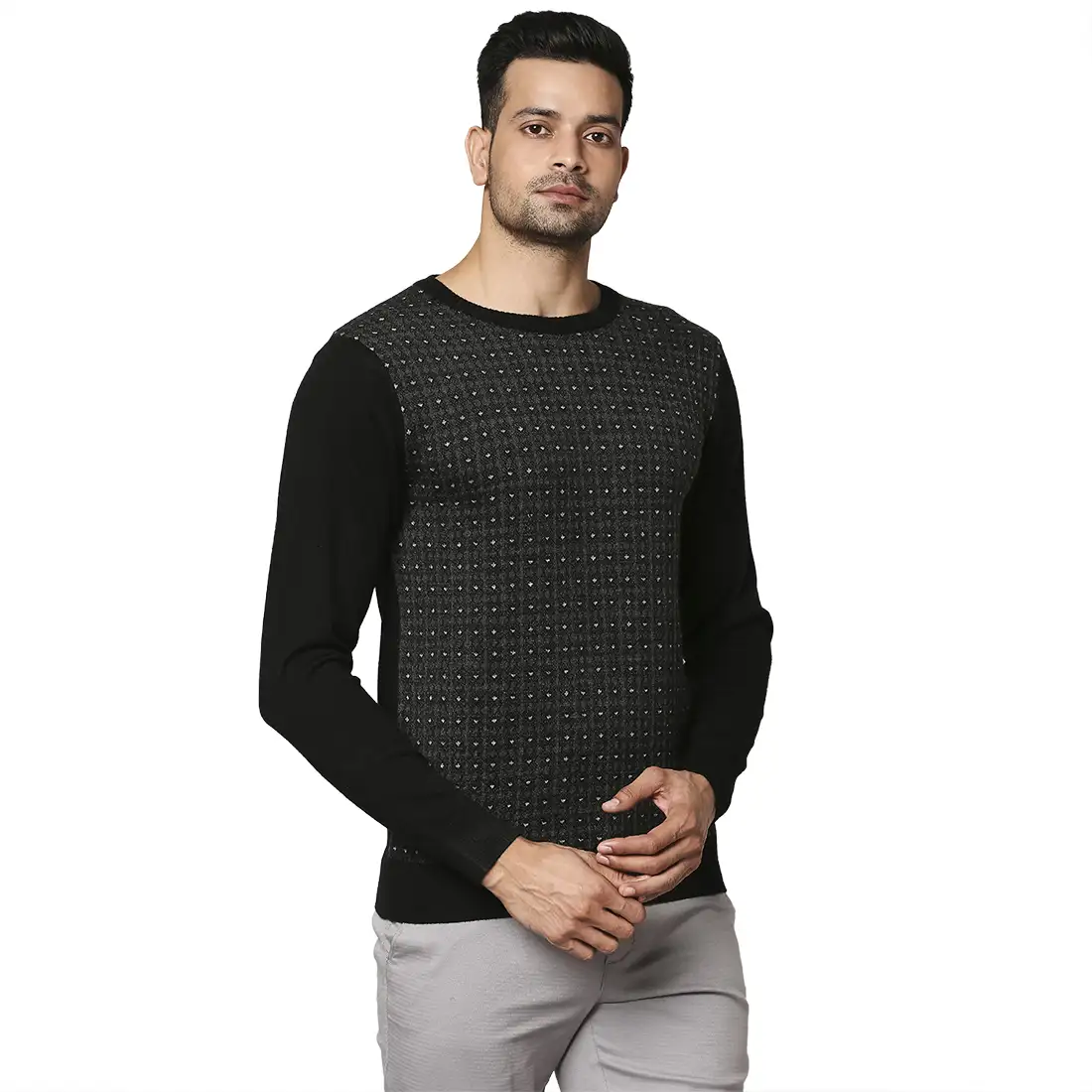 Men Black Jacquard Wool Blend Round Collar Sweaters - Image 2