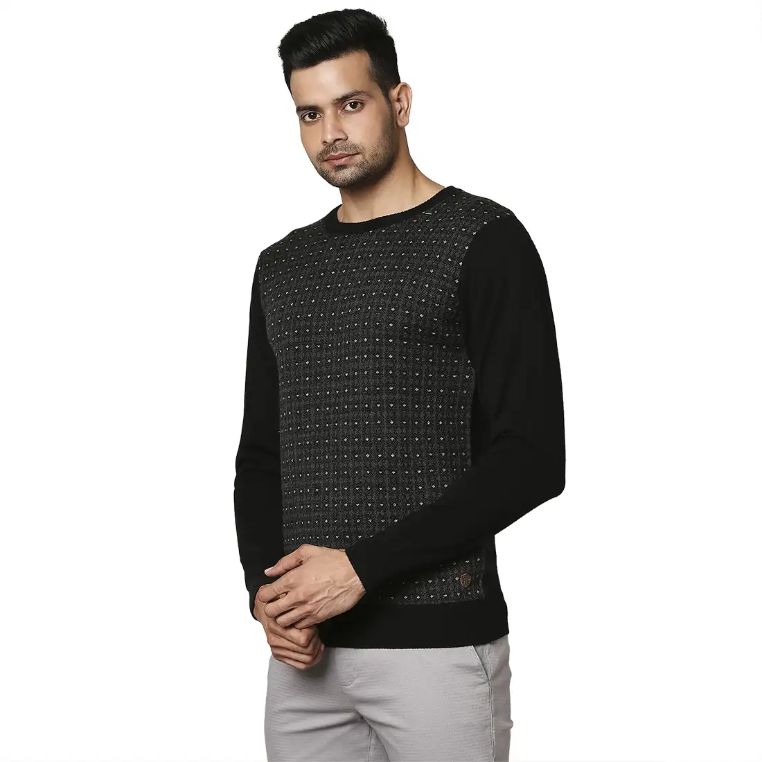 Men Black Jacquard Wool Blend Round Collar Sweaters - Image 3
