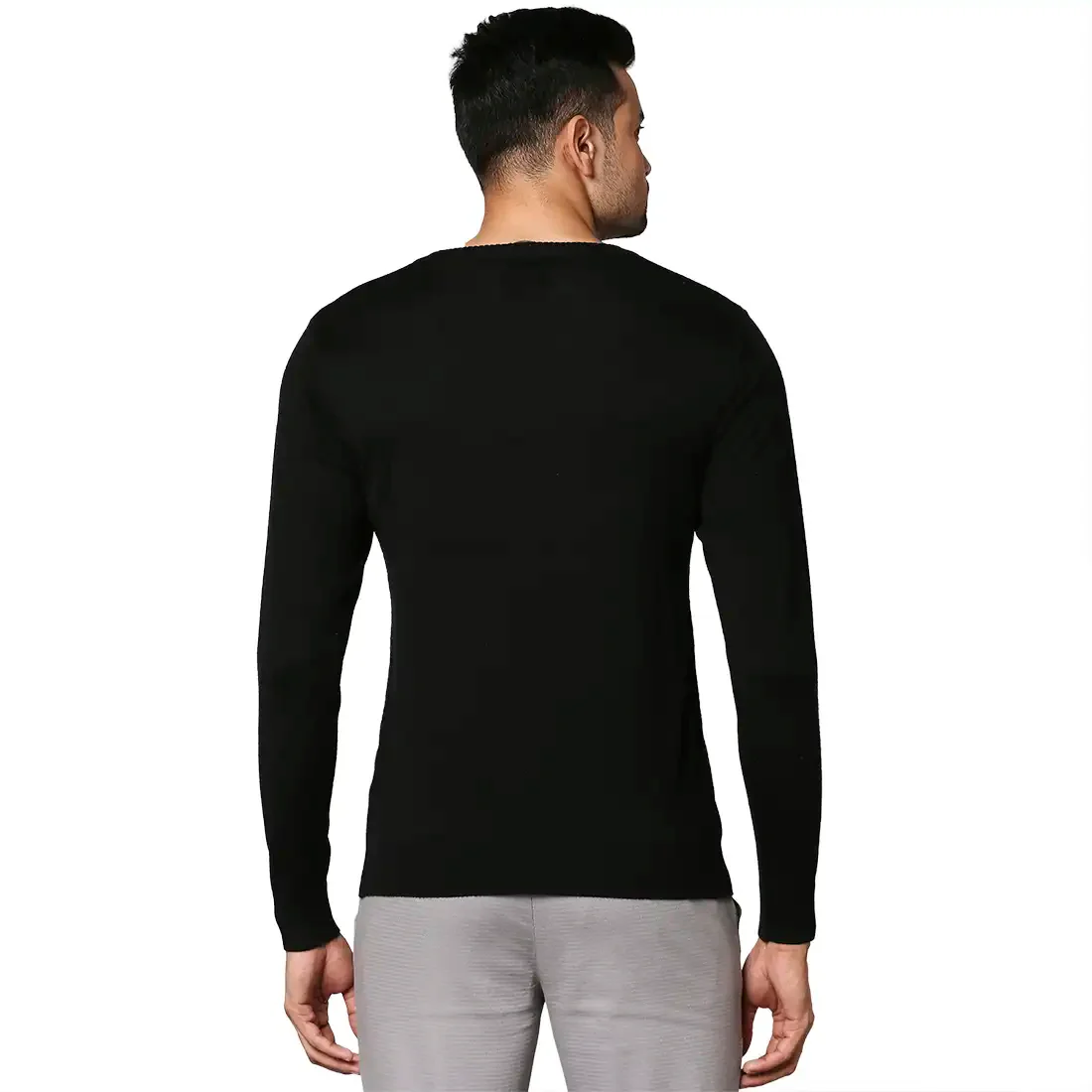 Men Black Jacquard Wool Blend Round Collar Sweaters - Image 4
