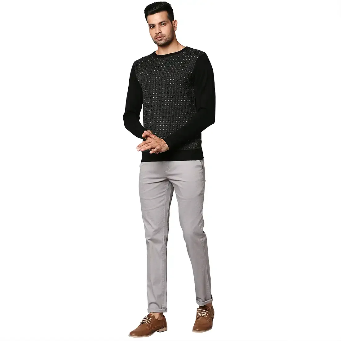 Men Black Jacquard Wool Blend Round Collar Sweaters - Image 5