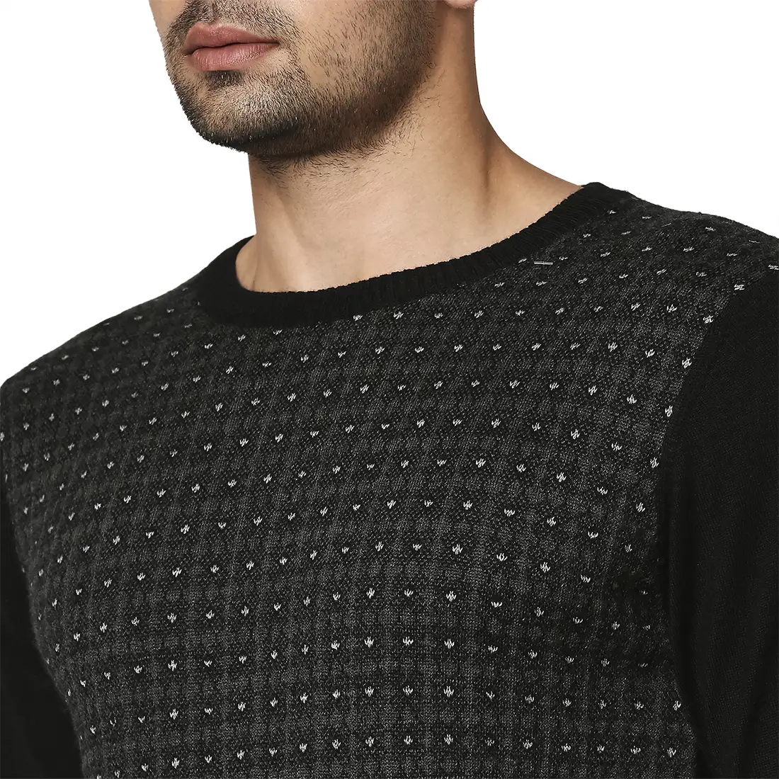 Men Black Jacquard Wool Blend Round Collar Sweaters - Image 6
