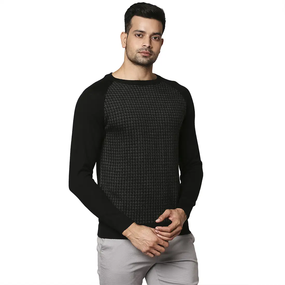 Men Black Jacquard Wool Blend Round Collar Sweaters - Image 2