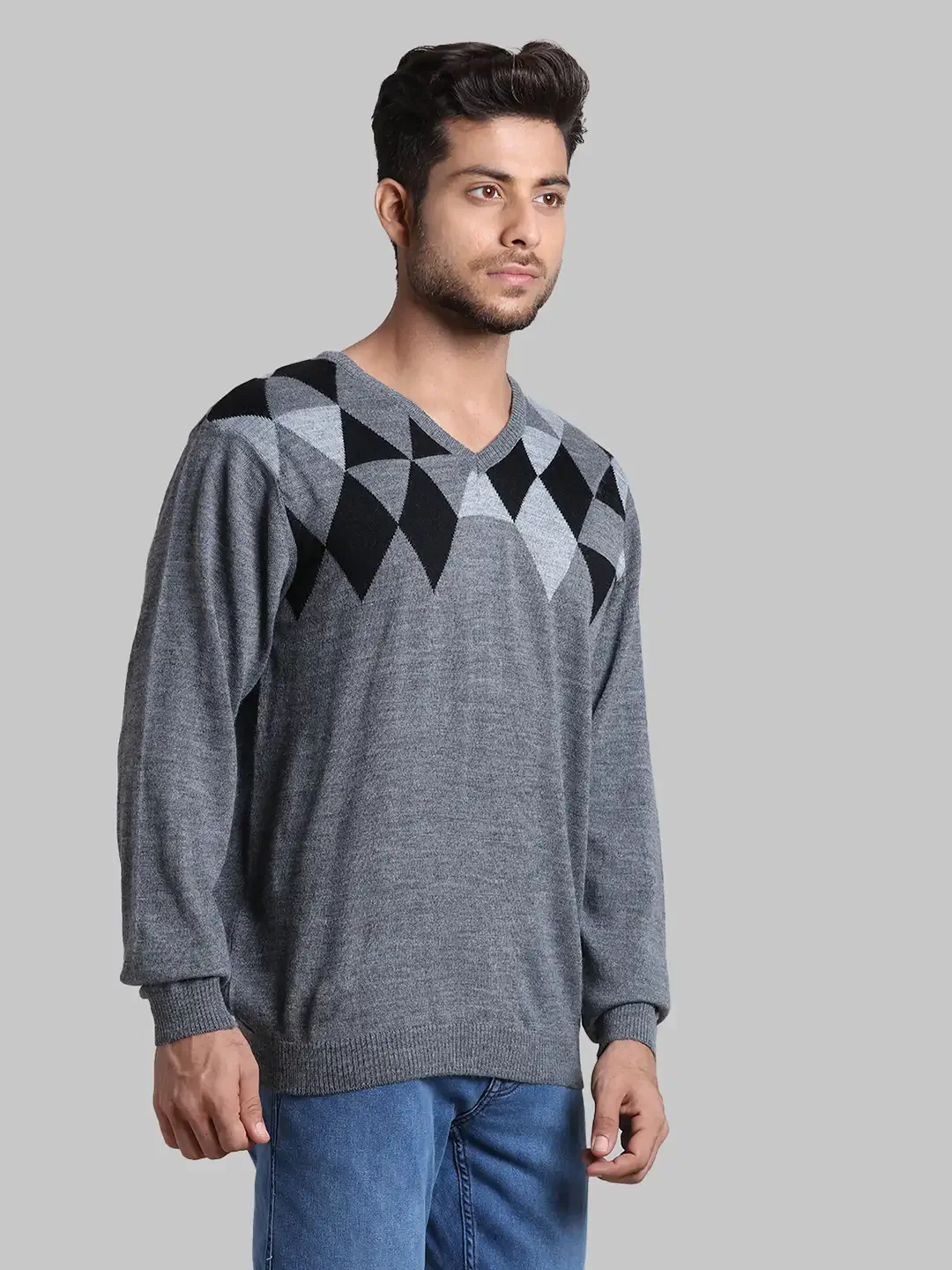 Men Black Regular Fit Argyle Wool Blend Full Sleeve V Neck Collar Sweaters - Image 2