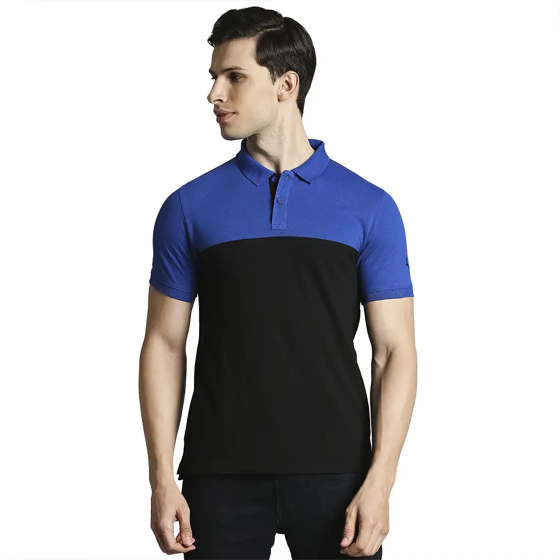 Men Black Regular Fit Cut & Sew Cotton Round Neck Collar Polo T-Shirt