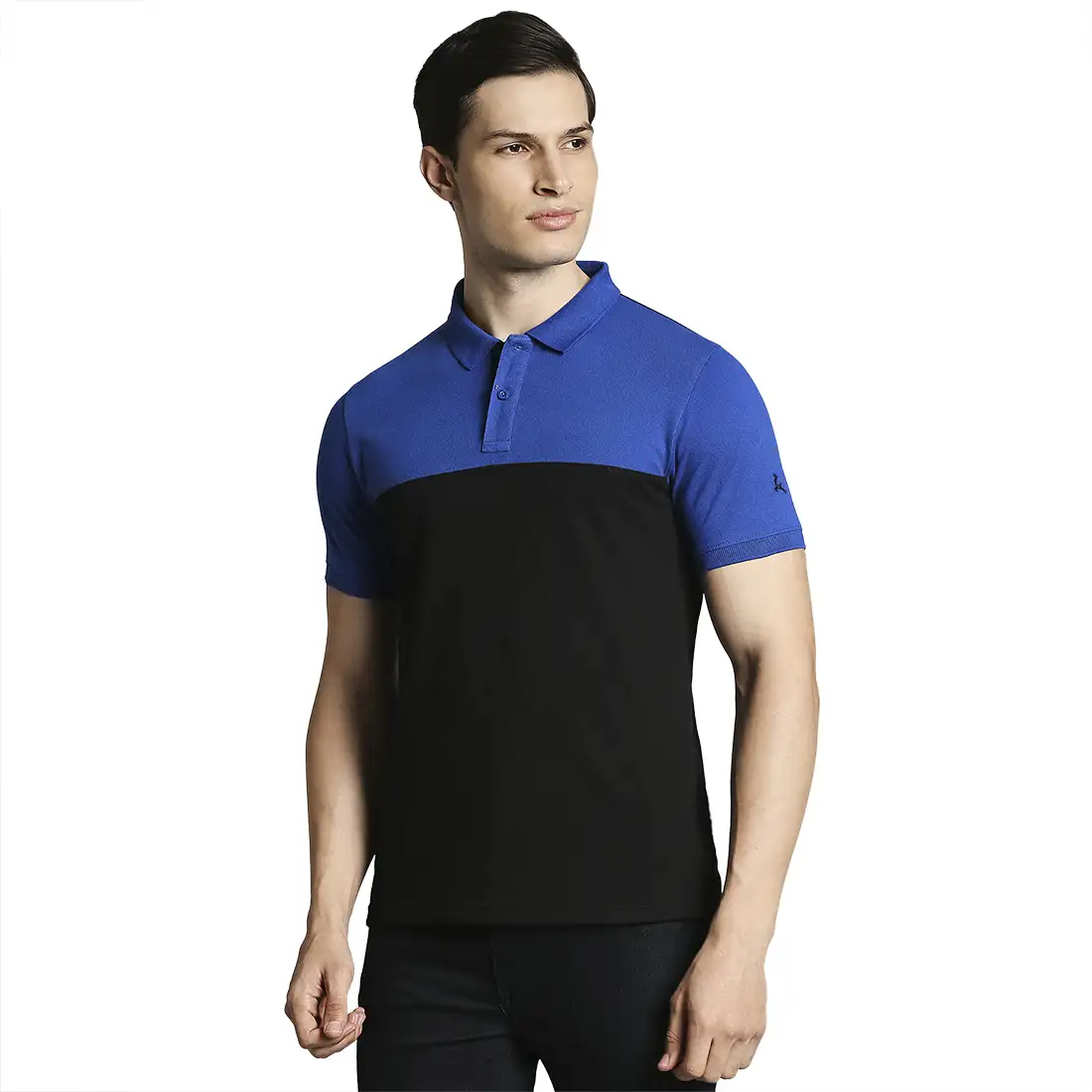 Men Black Regular Fit Cut & Sew Cotton Round Neck Collar Polo T-Shirt - Image 3