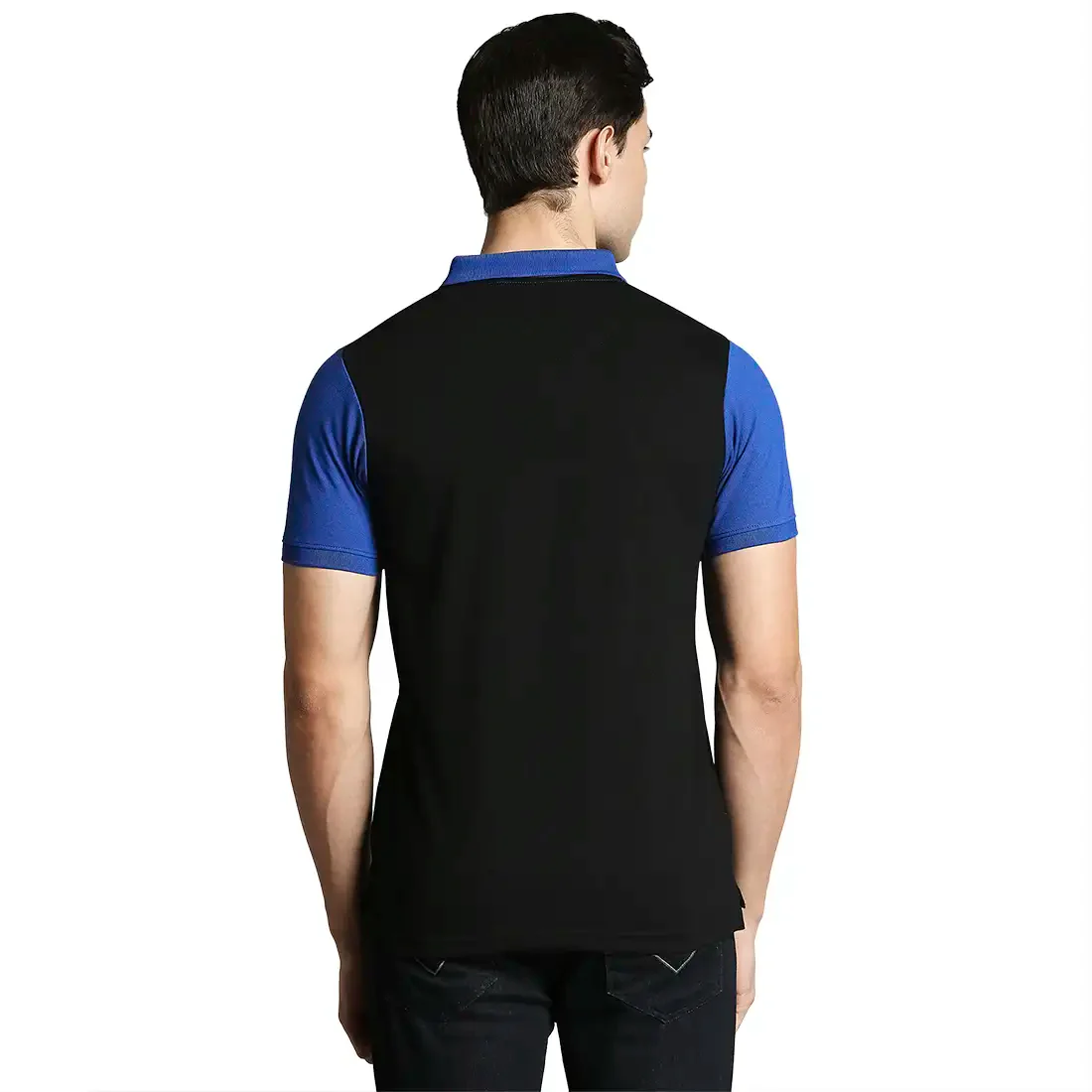 Men Black Regular Fit Cut & Sew Cotton Round Neck Collar Polo T-Shirt - Image 4
