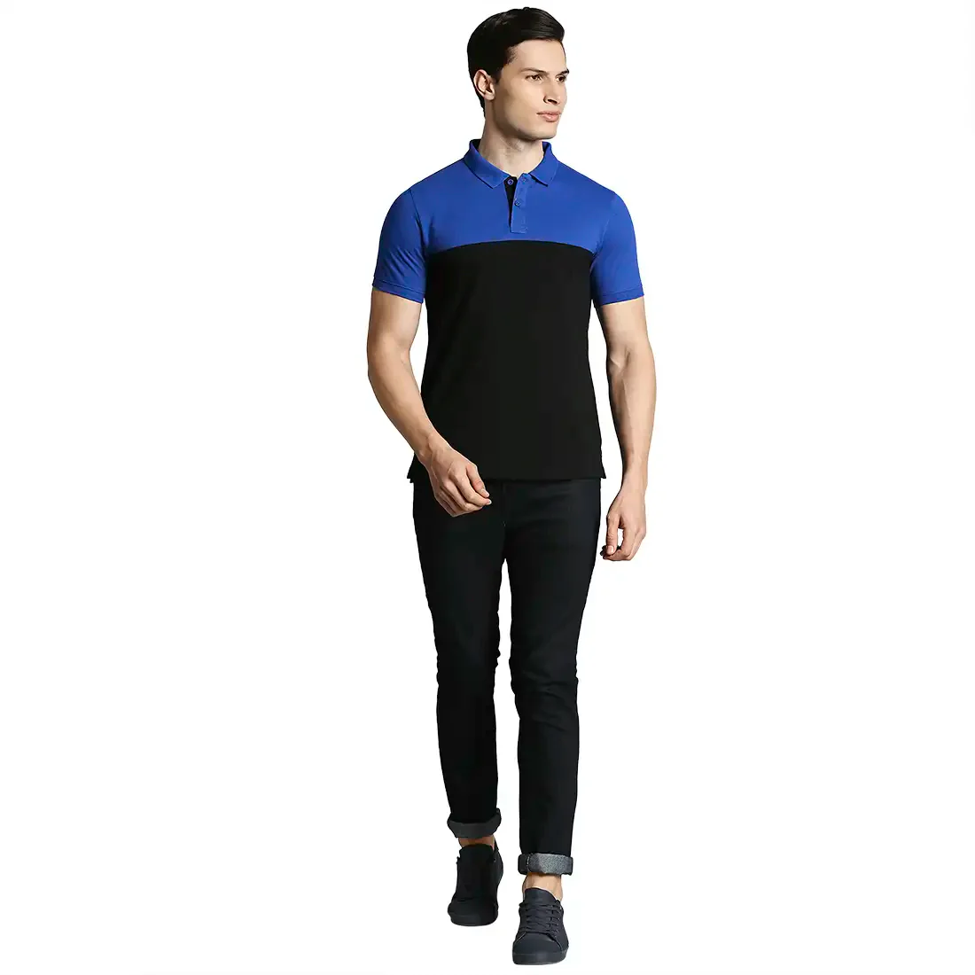 Men Black Regular Fit Cut & Sew Cotton Round Neck Collar Polo T-Shirt - Image 5
