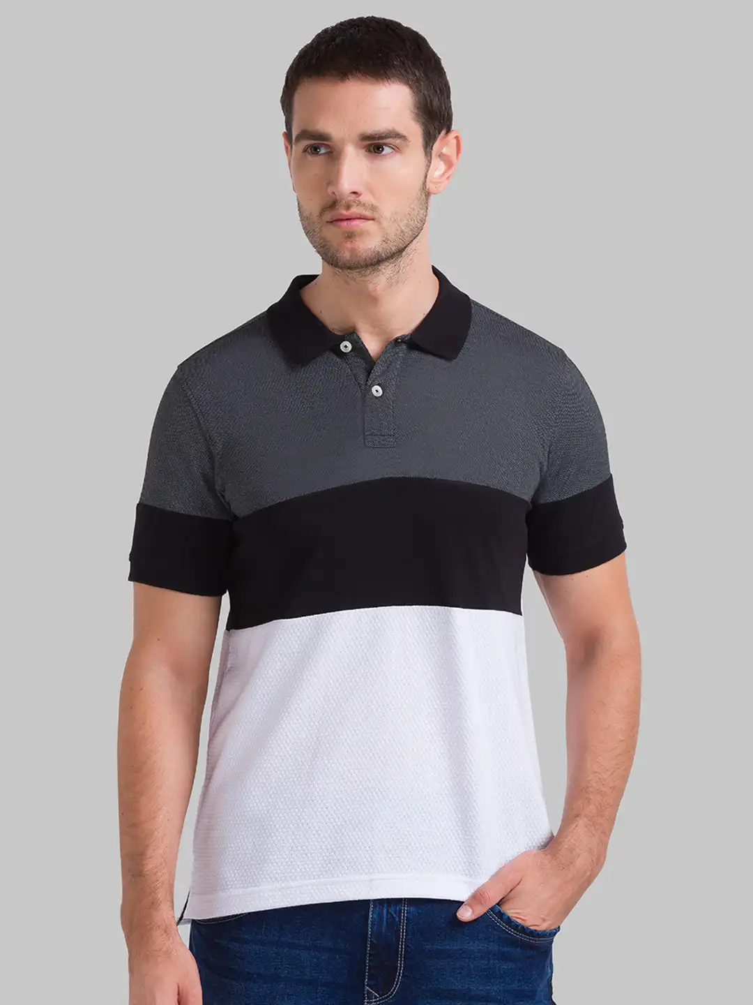 Men Black Regular Fit Cut & Sew Cotton Round Neck Collar Polo T-Shirt