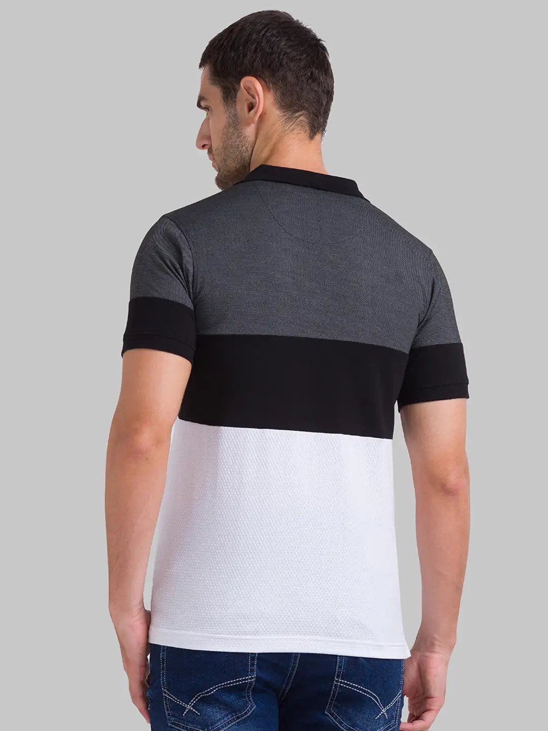 Men Black Regular Fit Cut & Sew Cotton Round Neck Collar Polo T-Shirt - Image 4