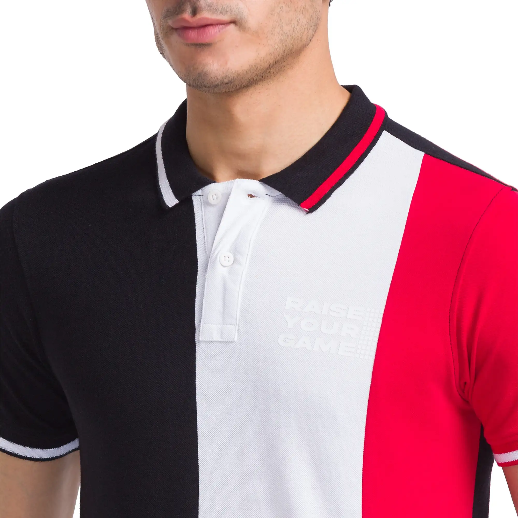 Men Black Regular Fit Cut & Sew Cotton Round Neck Collar Polo T-Shirt - Image 6