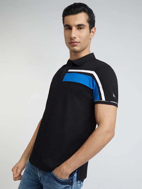 Men Black Regular Fit Cut & Sew Polyester Blend Round Neck Collar Polo T-Shirt - Image 3