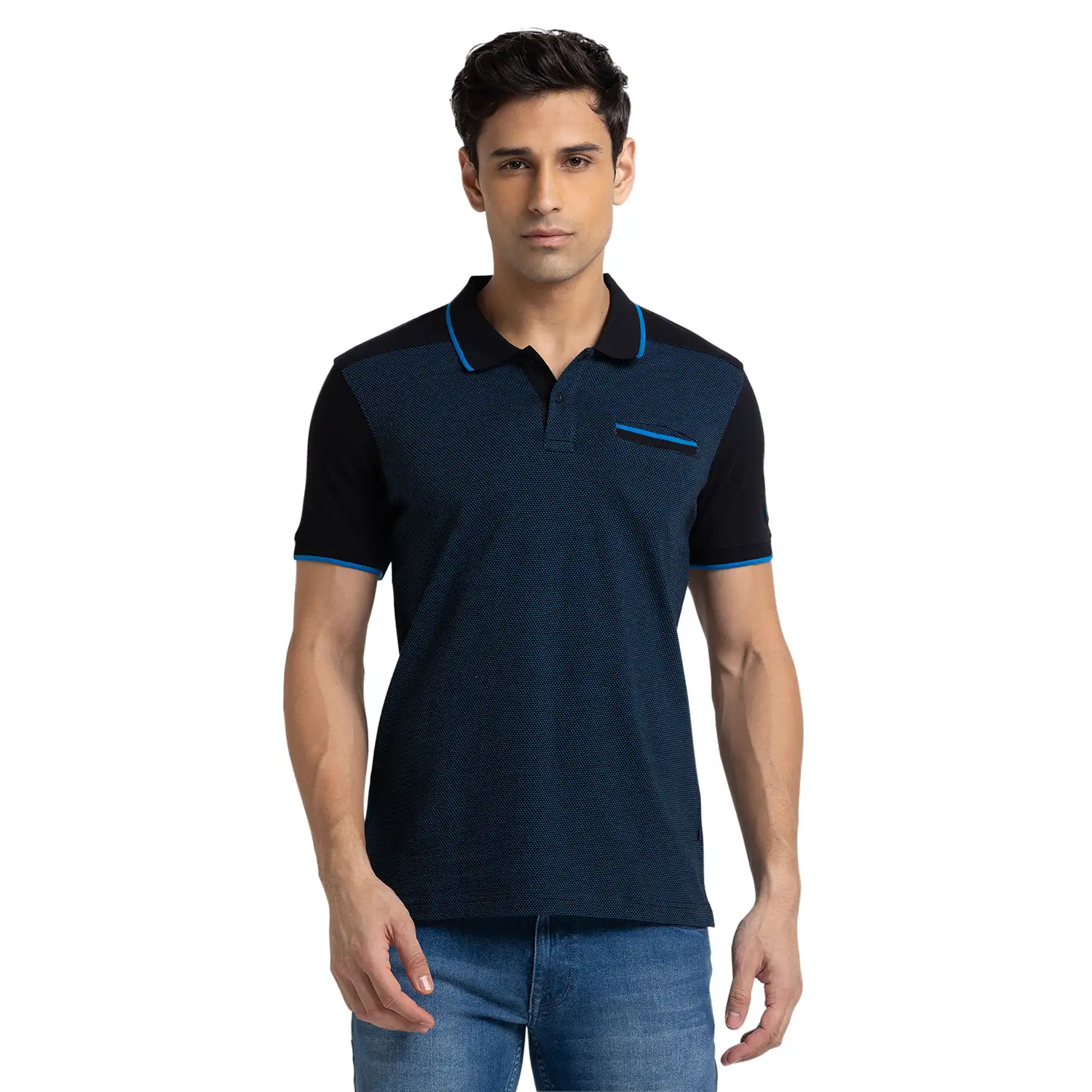 Men Black Regular Fit Jacquard Cotton Round Neck Collar Polo T-Shirt
