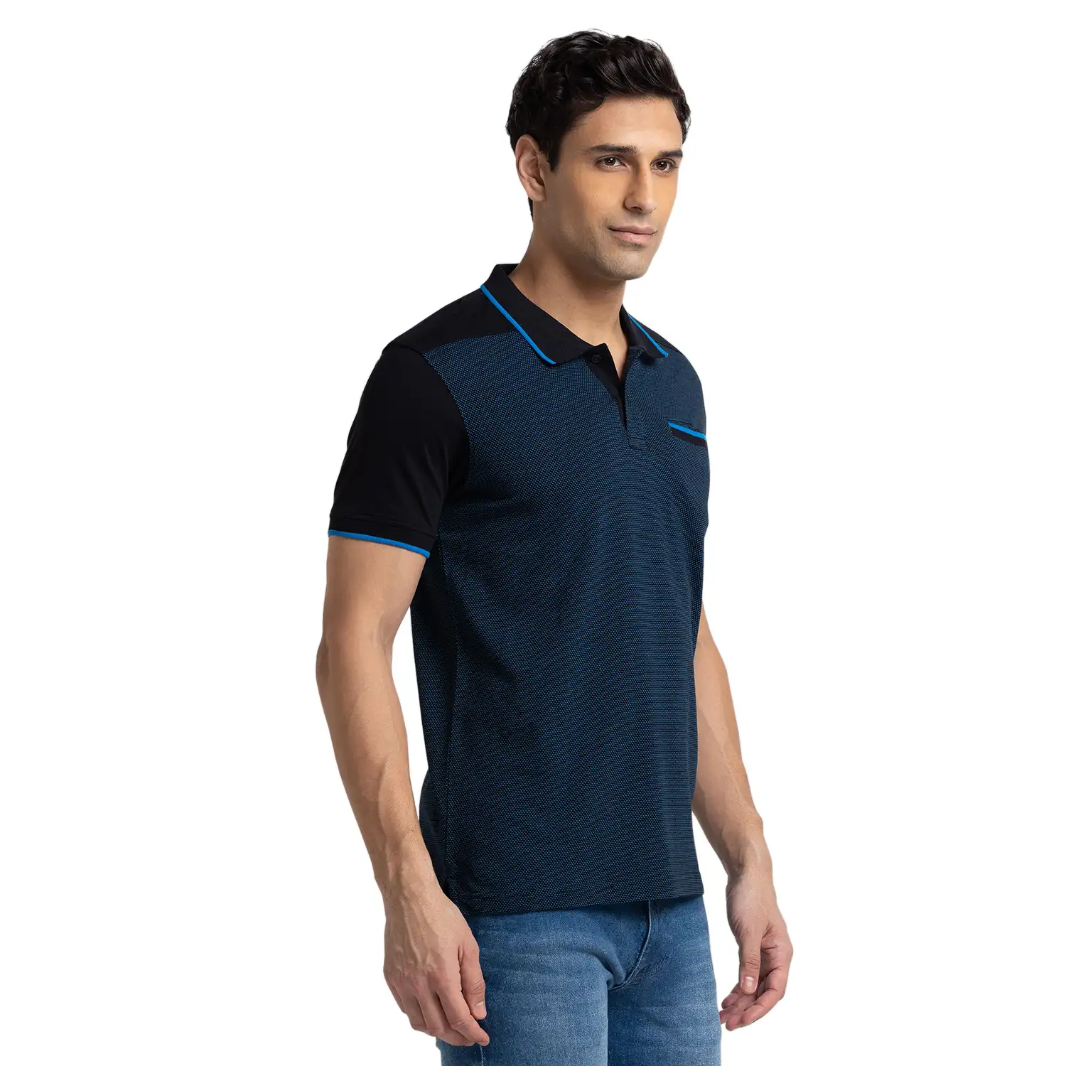 Men Black Regular Fit Jacquard Cotton Round Neck Collar Polo T-Shirt - Image 2