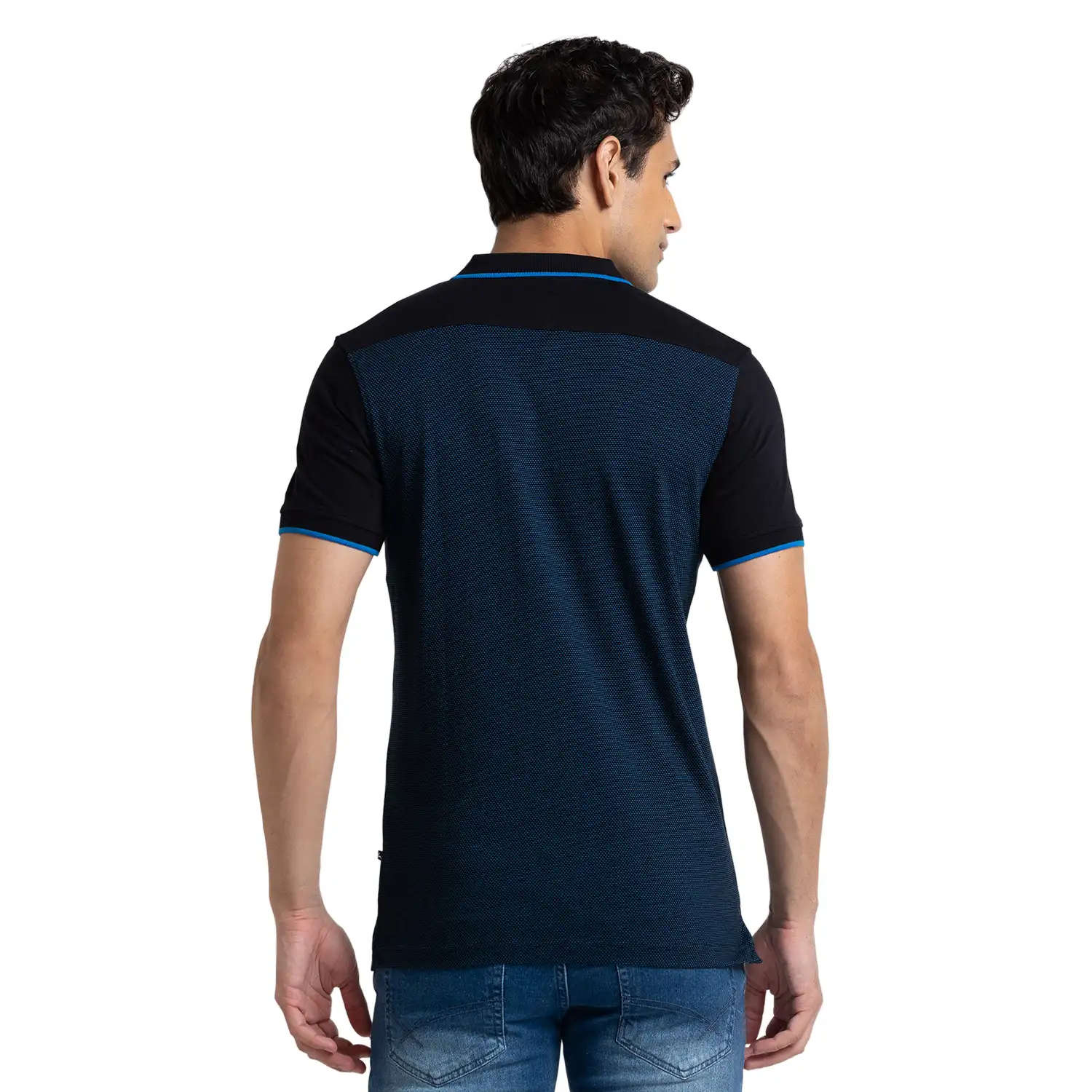 Men Black Regular Fit Jacquard Cotton Round Neck Collar Polo T-Shirt - Image 4