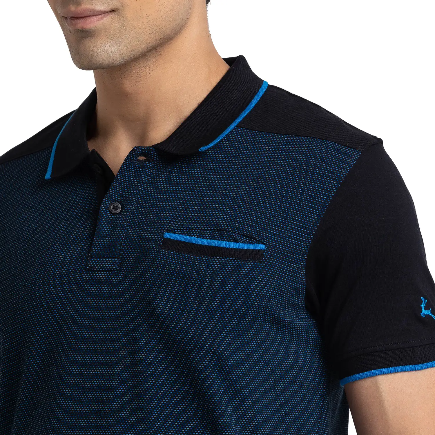 Men Black Regular Fit Jacquard Cotton Round Neck Collar Polo T-Shirt - Image 6
