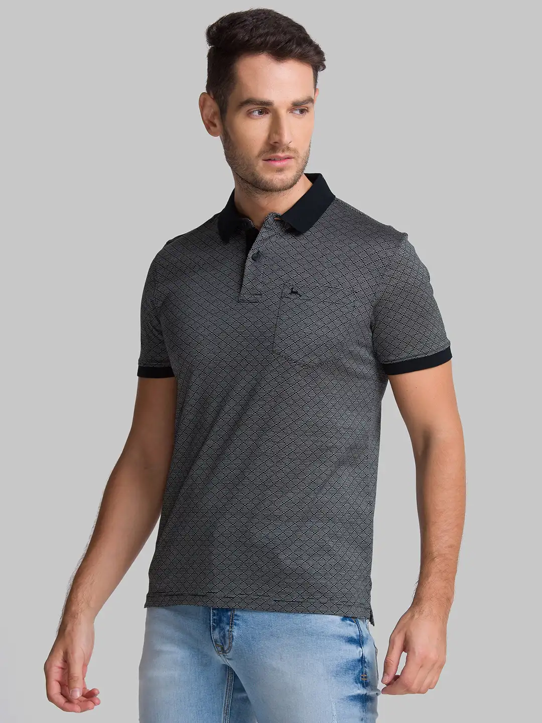 Men Black Regular Fit Jacquard Cotton Round Neck Collar Polo T-Shirt - Image 3