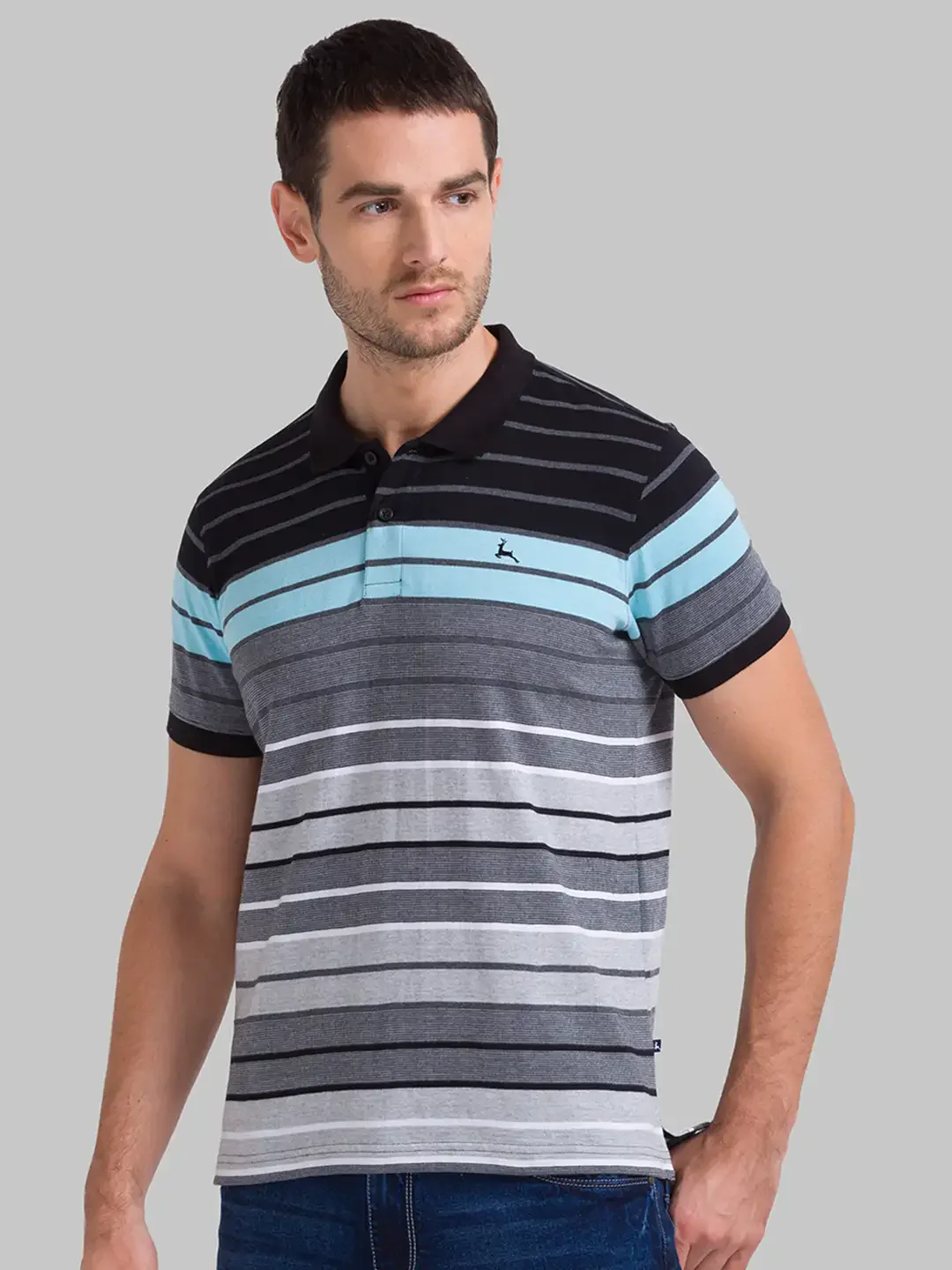 Men Black Regular Fit Jacquard Cotton Round Neck Collar Polo T-Shirt - Image 3