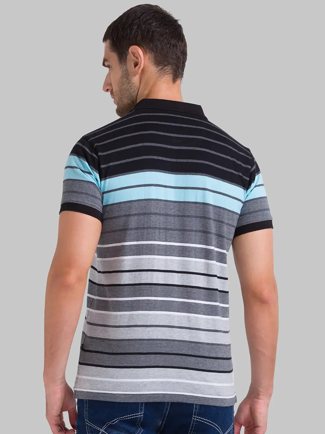 Men Black Regular Fit Jacquard Cotton Round Neck Collar Polo T-Shirt - Image 4