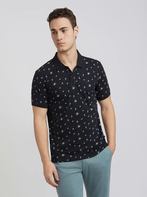 Men Black Regular Fit Print Cotton Round Neck Collar Polo T-Shirt