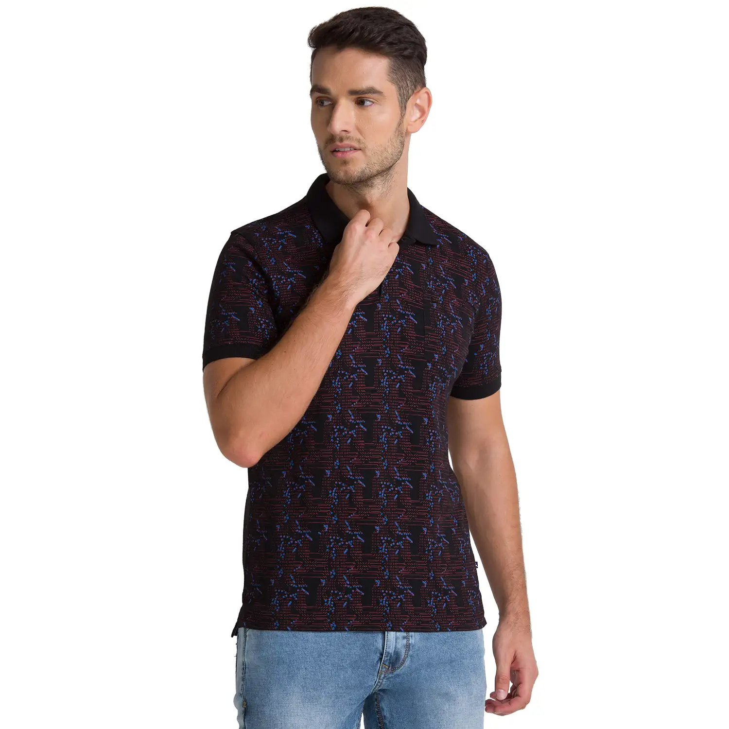 Men Black Regular Fit Print Cotton Round Neck Collar Polo T-Shirt