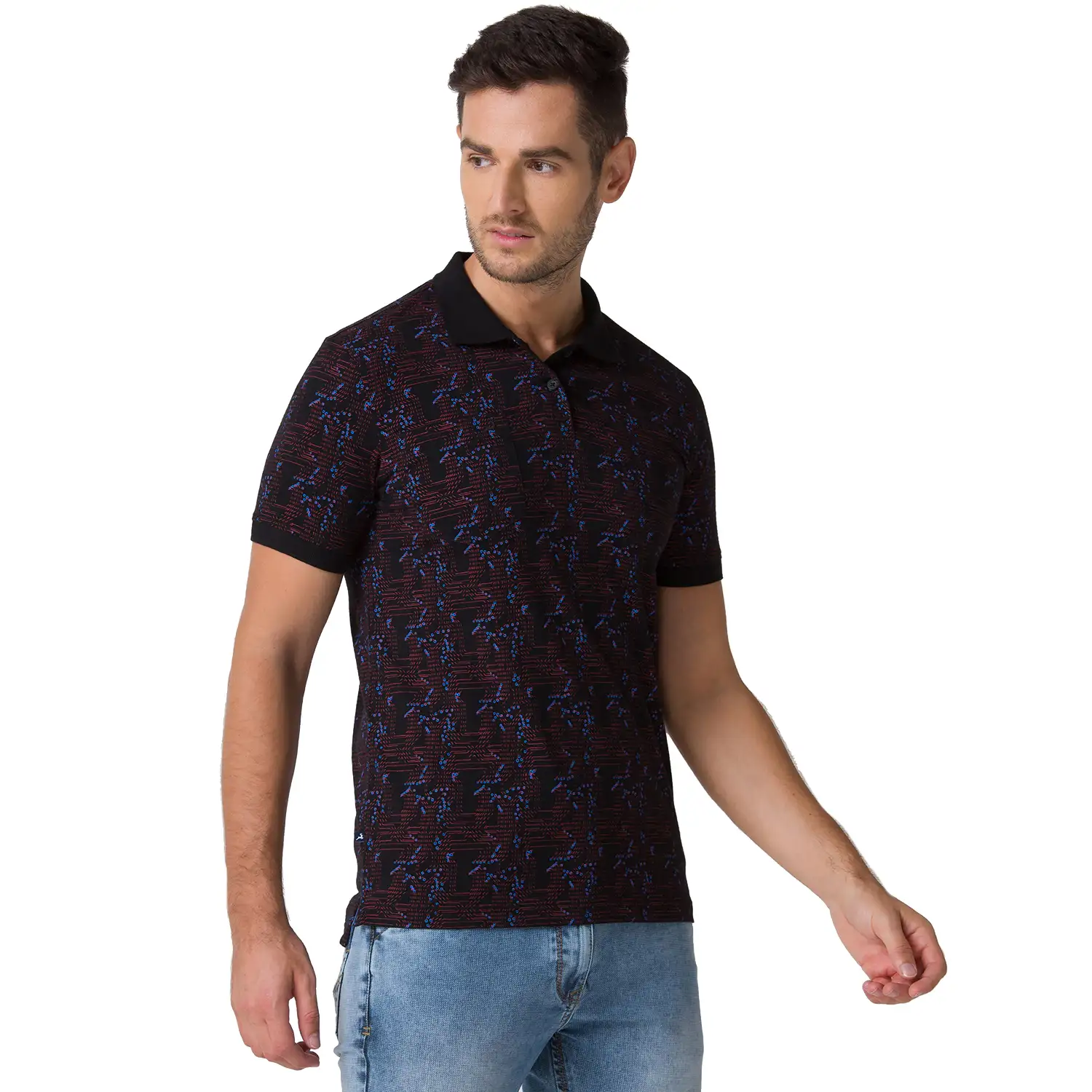 Men Black Regular Fit Print Cotton Round Neck Collar Polo T-Shirt - Image 2