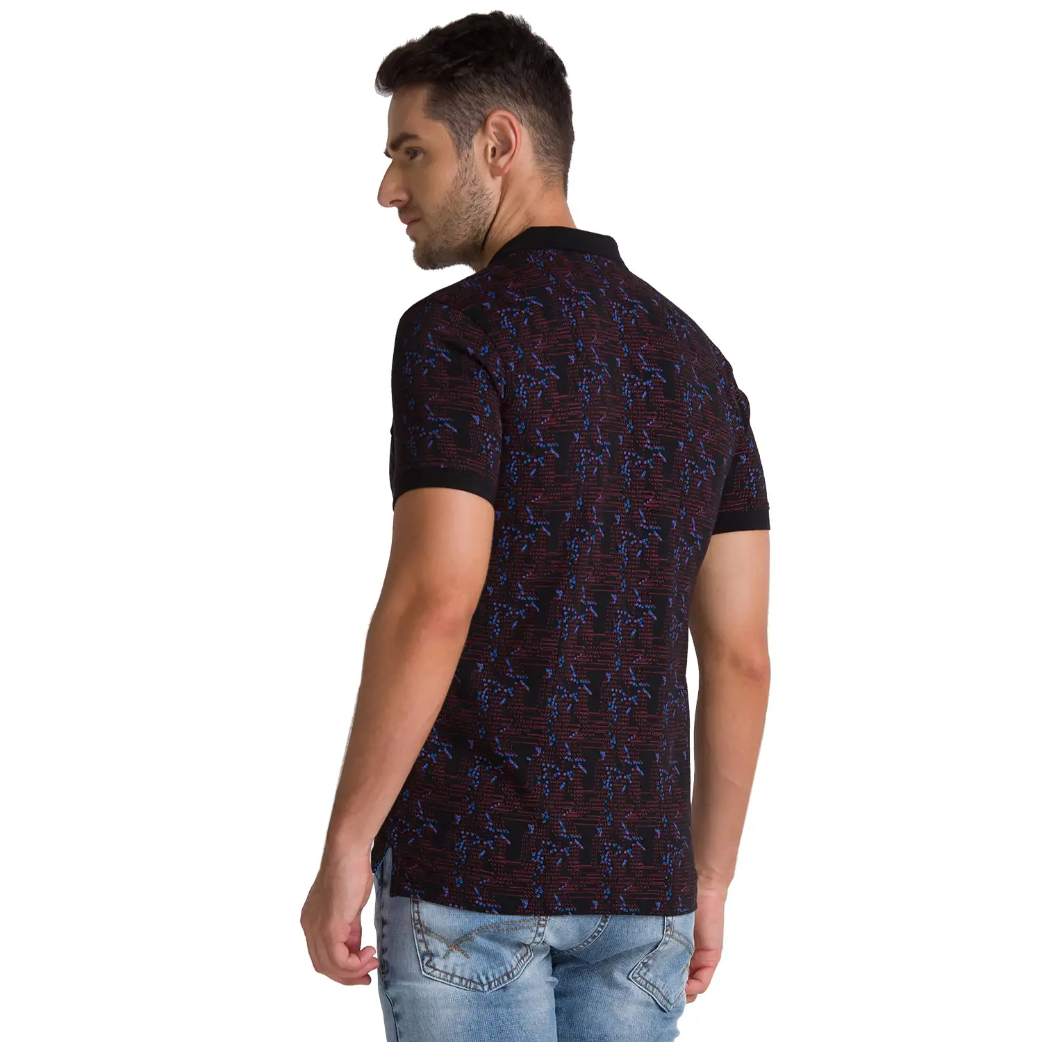 Men Black Regular Fit Print Cotton Round Neck Collar Polo T-Shirt - Image 4