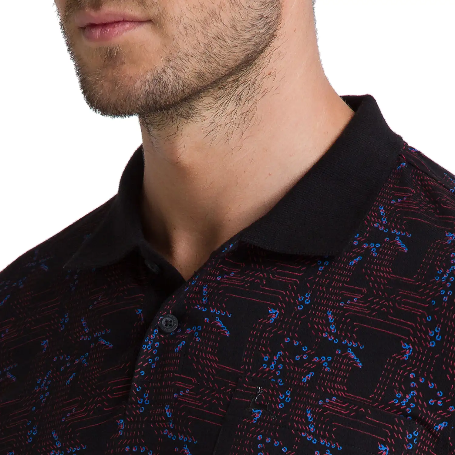 Men Black Regular Fit Print Cotton Round Neck Collar Polo T-Shirt - Image 6
