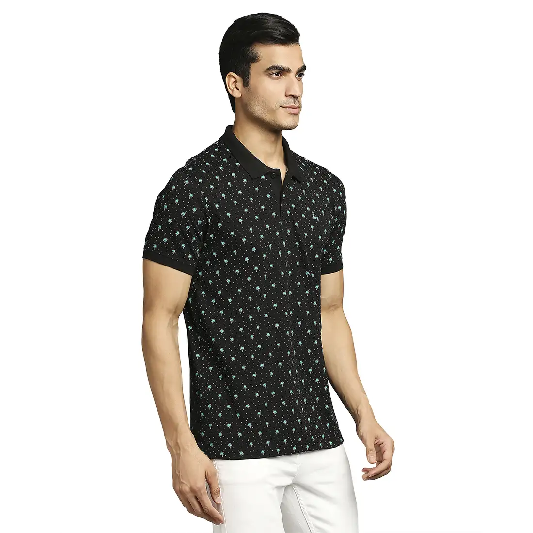 Men Black Regular Fit Print Cotton Round Neck Collar Polo T-Shirt - Image 2