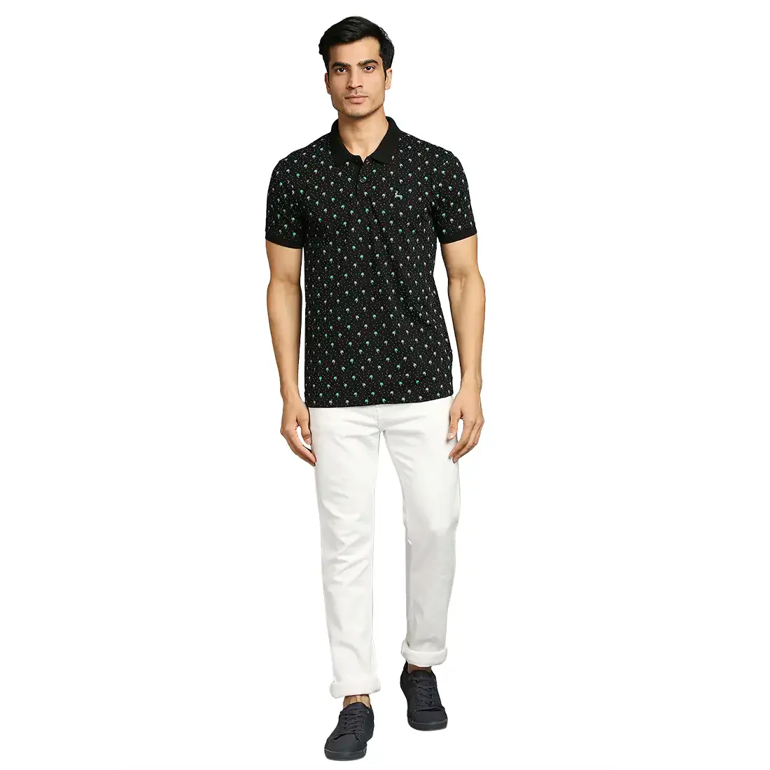 Men Black Regular Fit Print Cotton Round Neck Collar Polo T-Shirt - Image 5