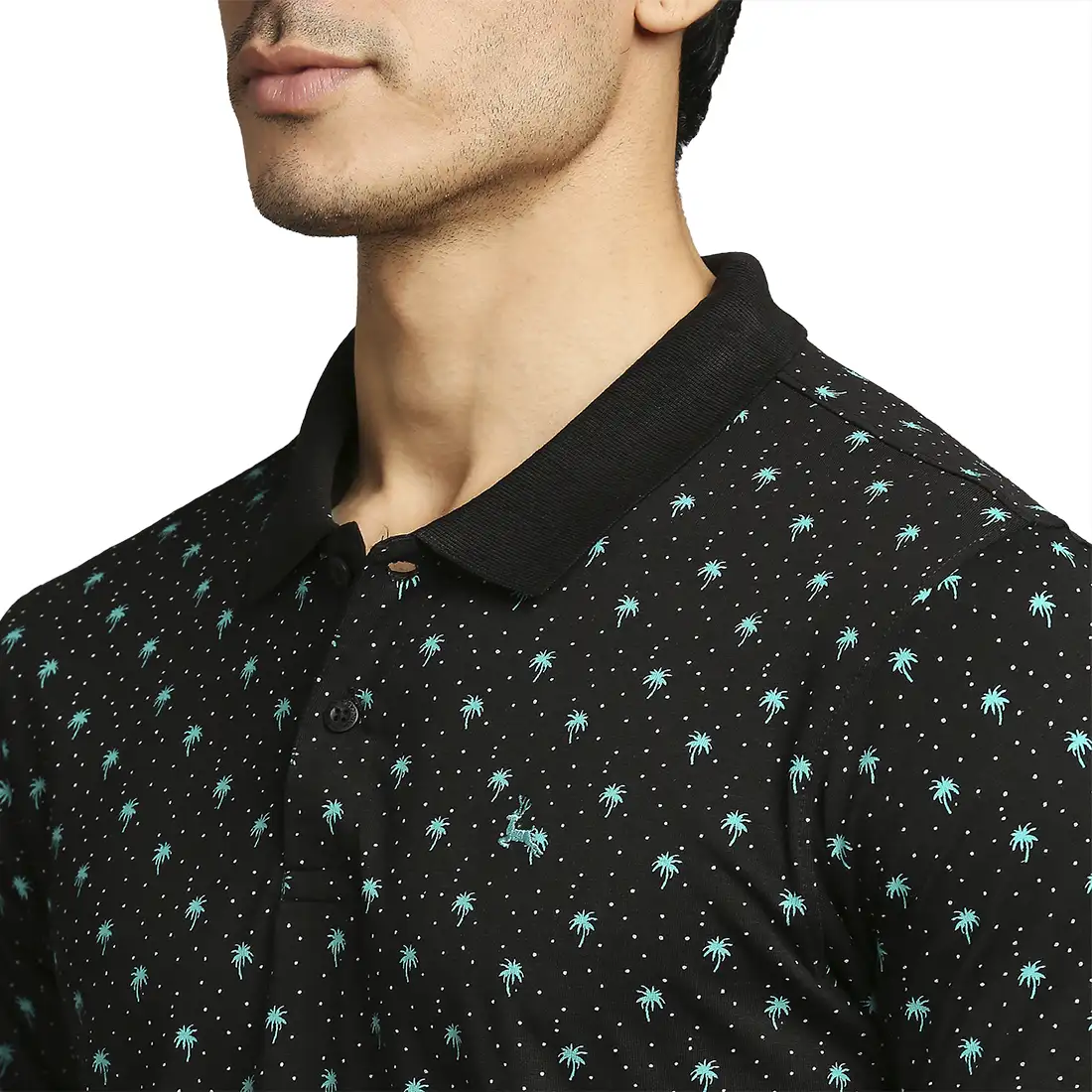 Men Black Regular Fit Print Cotton Round Neck Collar Polo T-Shirt - Image 6